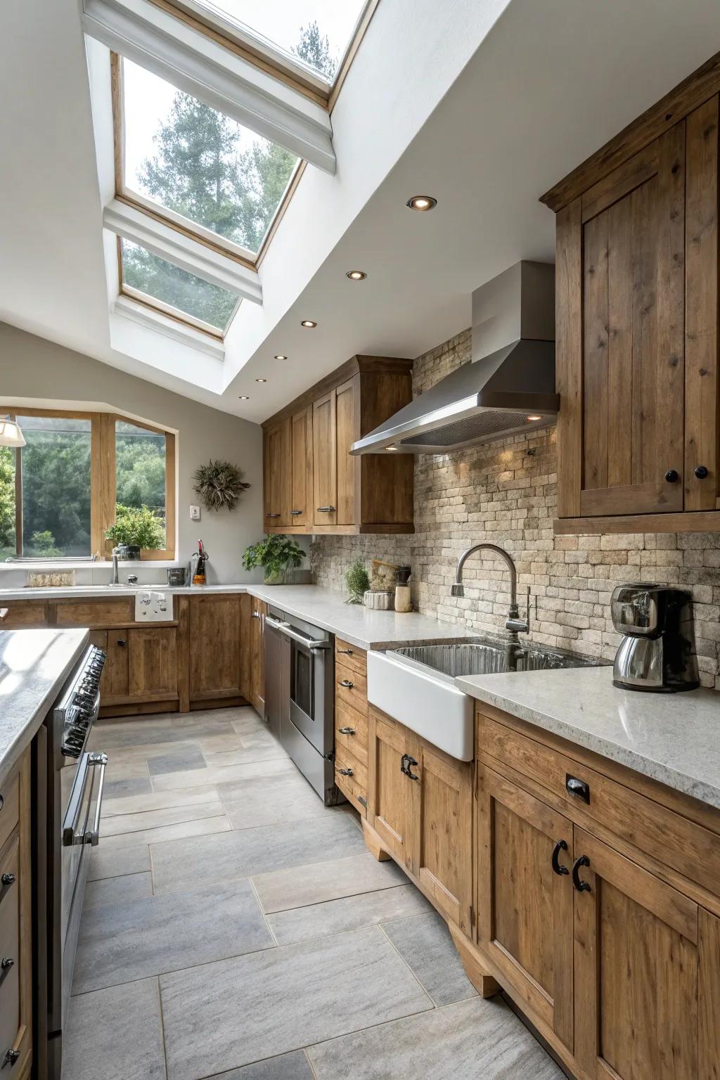 Skylights enhance the visual appeal of both contemporary and rustic kitchen designs.