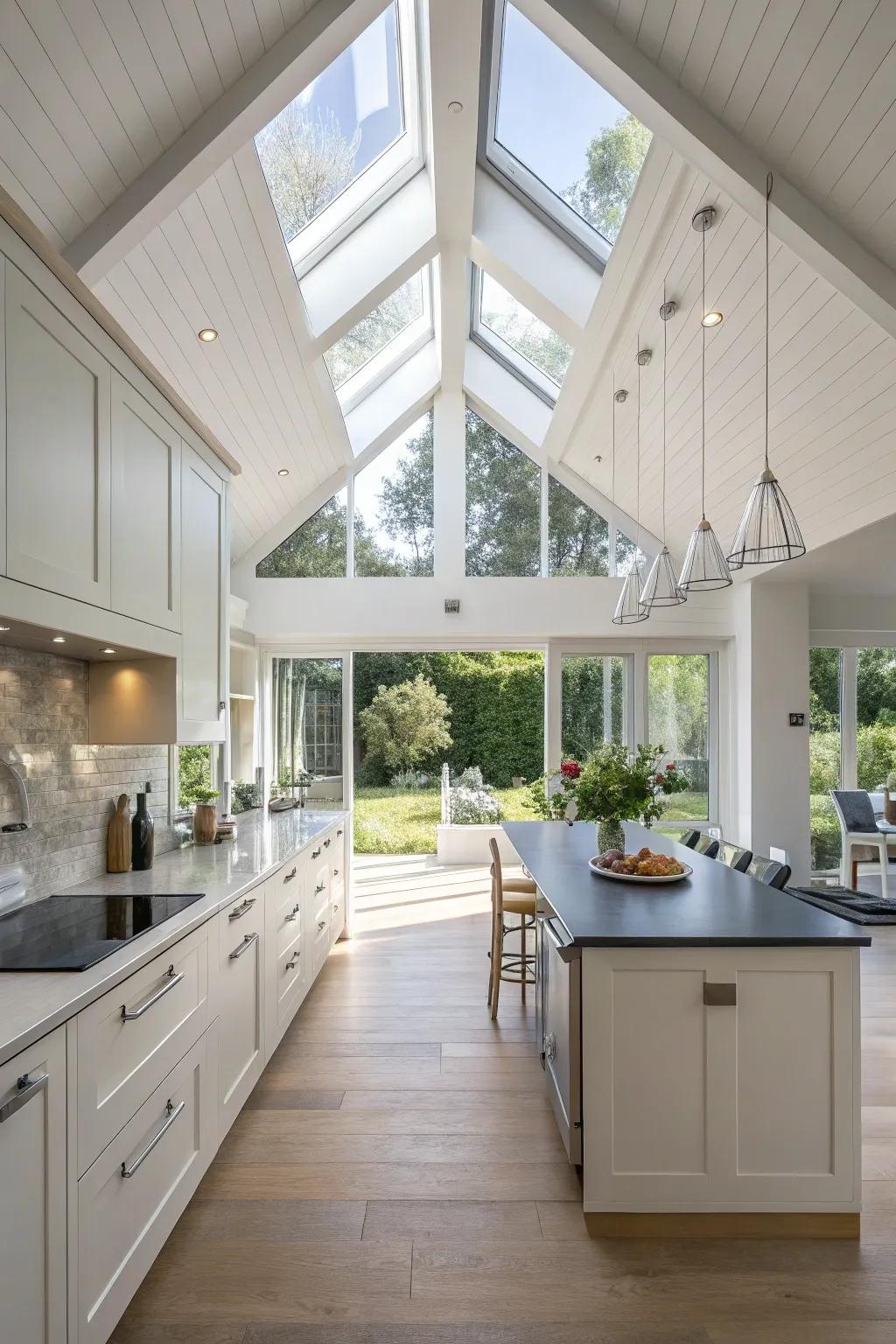 High-set windows brighten this modern kitchen featuring a vaulted ceiling.