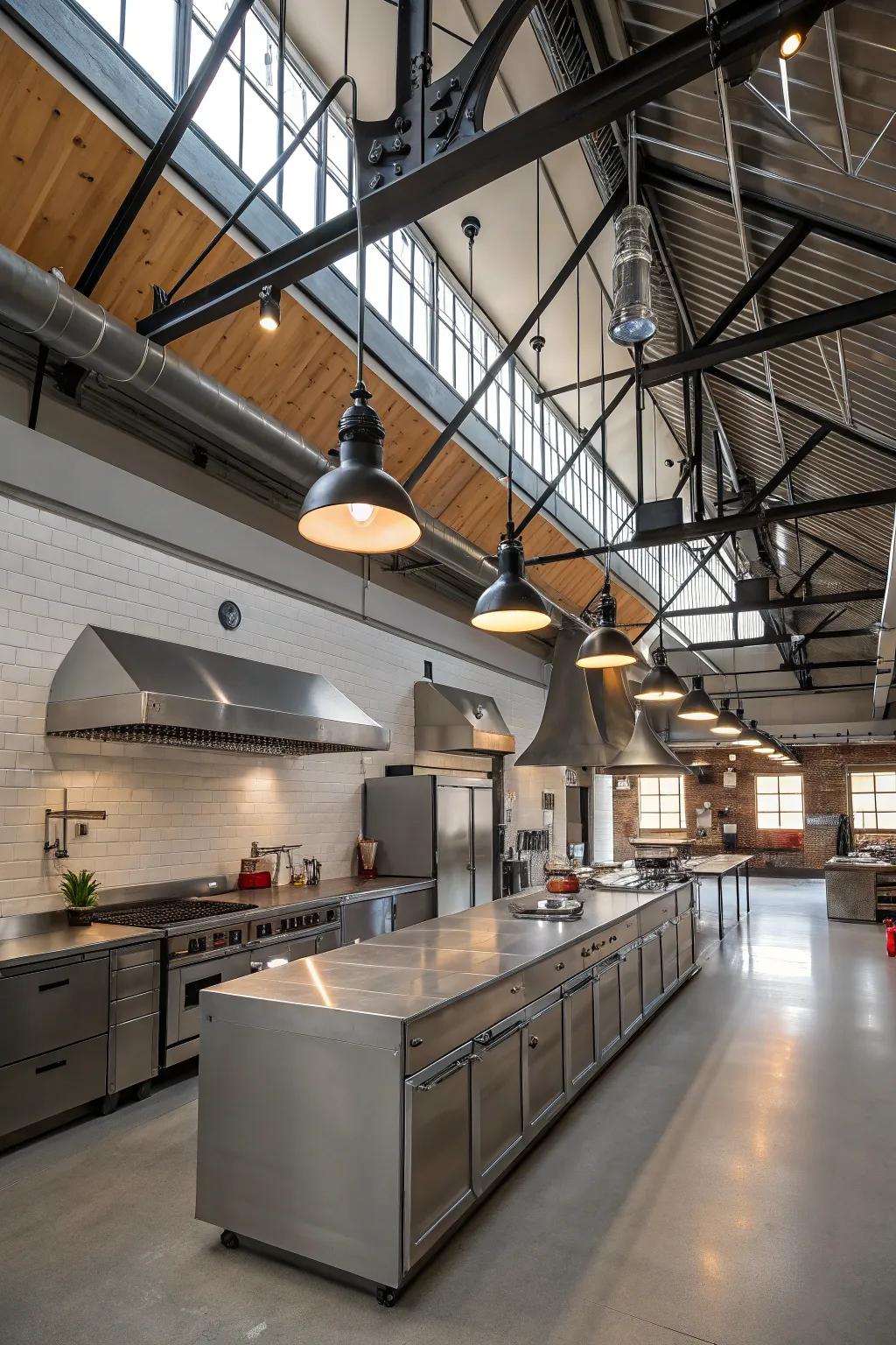 Industrial details add a modern flair to this kitchen with a high ceiling.
