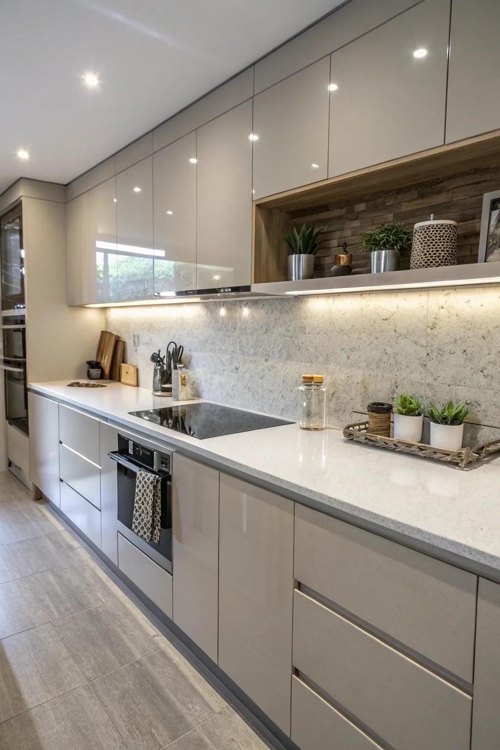 Seamless integration of quartz countertops and backsplash for a unified aesthetic.