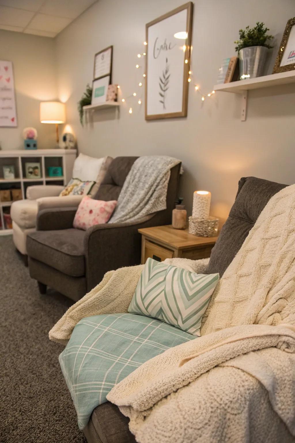 Cozy cushions and throws add personalized elements and comfort.