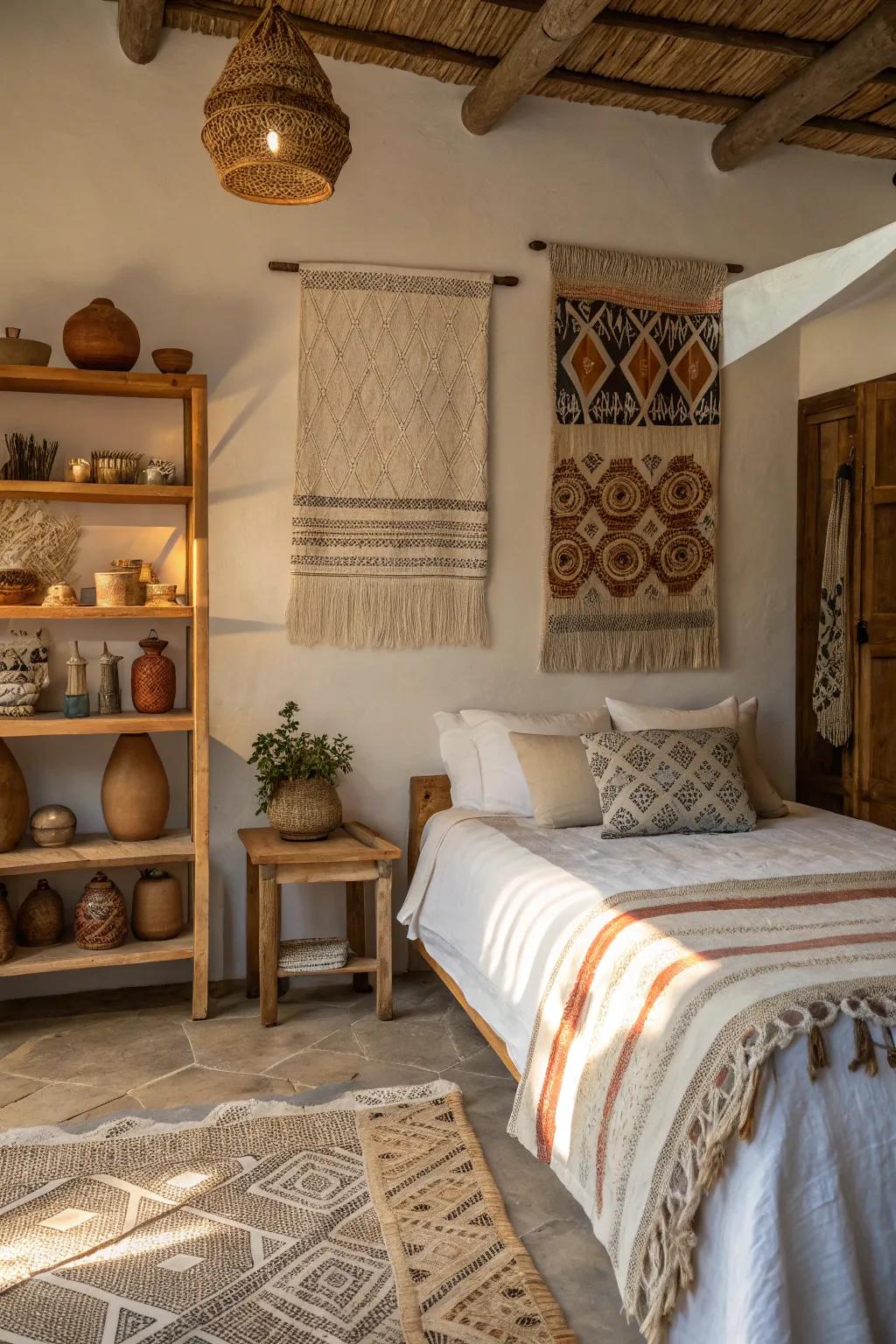 Local artisan creations enrich the bedroom's charm.