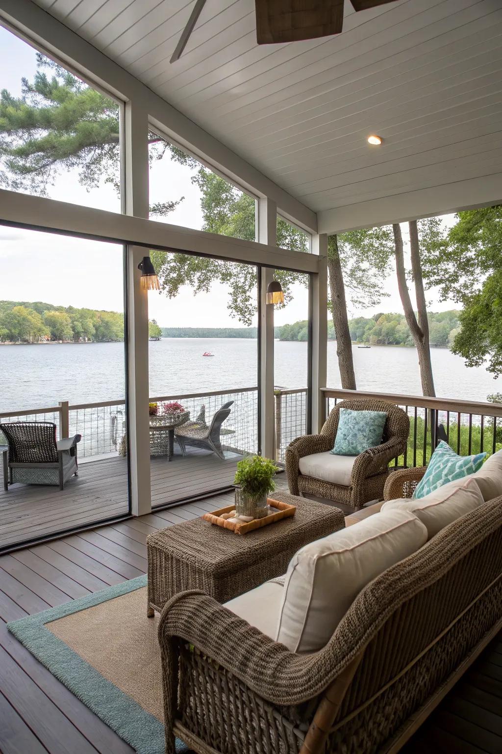 A screened-in porch offering an insect-free outdoor adventure.
