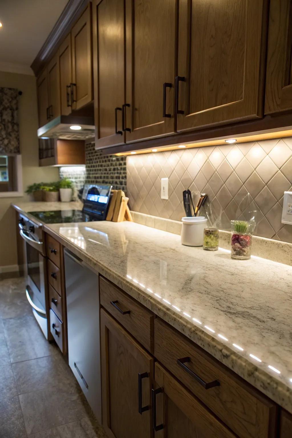 Strategic lighting arrangement accentuates the allure of overlay counters.