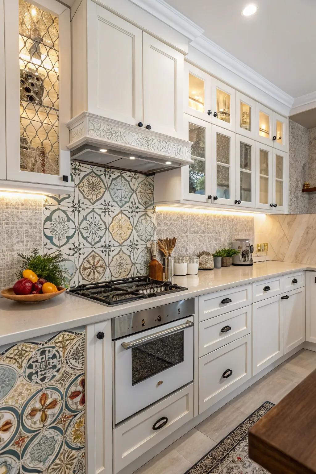 Build intrigue through a mix and match patterned laminate backsplash.