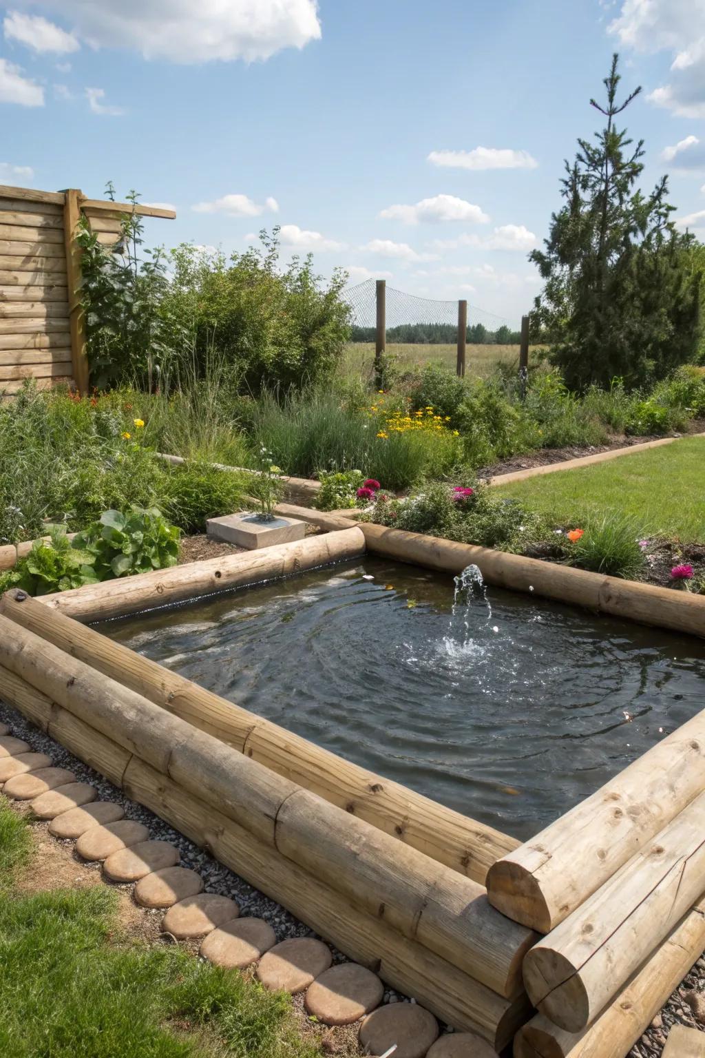 A timber-encased fountain introduces serenity to your garden.