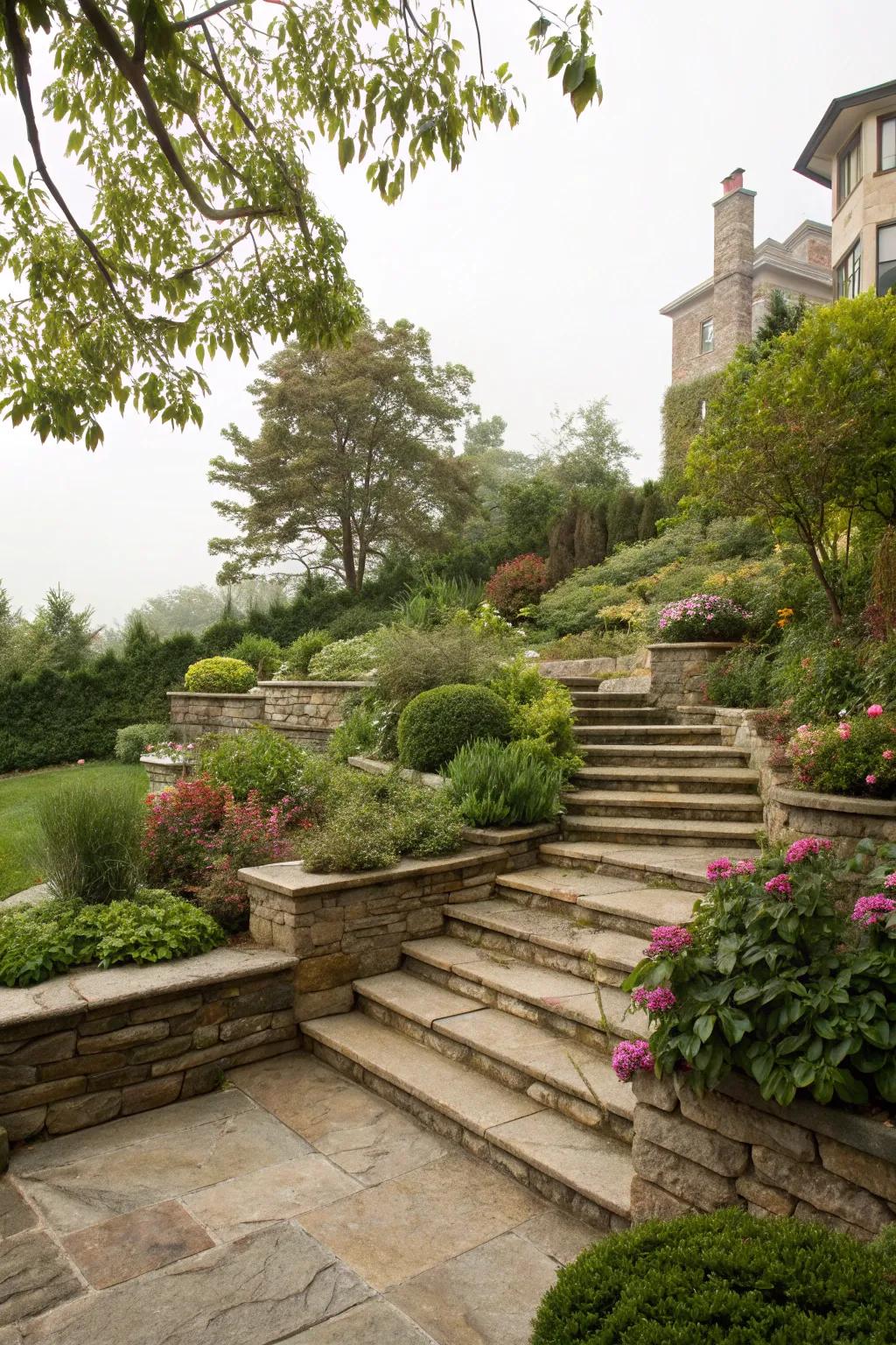 A tiered platform featuring stone steps, presenting diverse planting and amusement zones.
