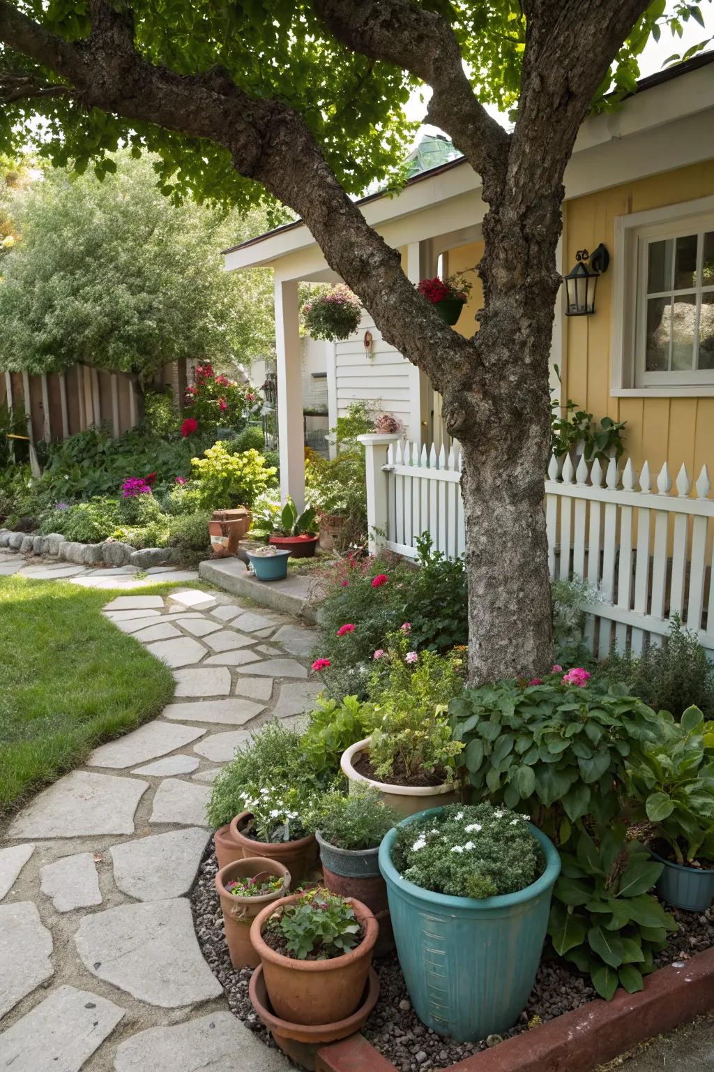 A tree surrounded by vibrant container gardens, offering seasonal versatility.