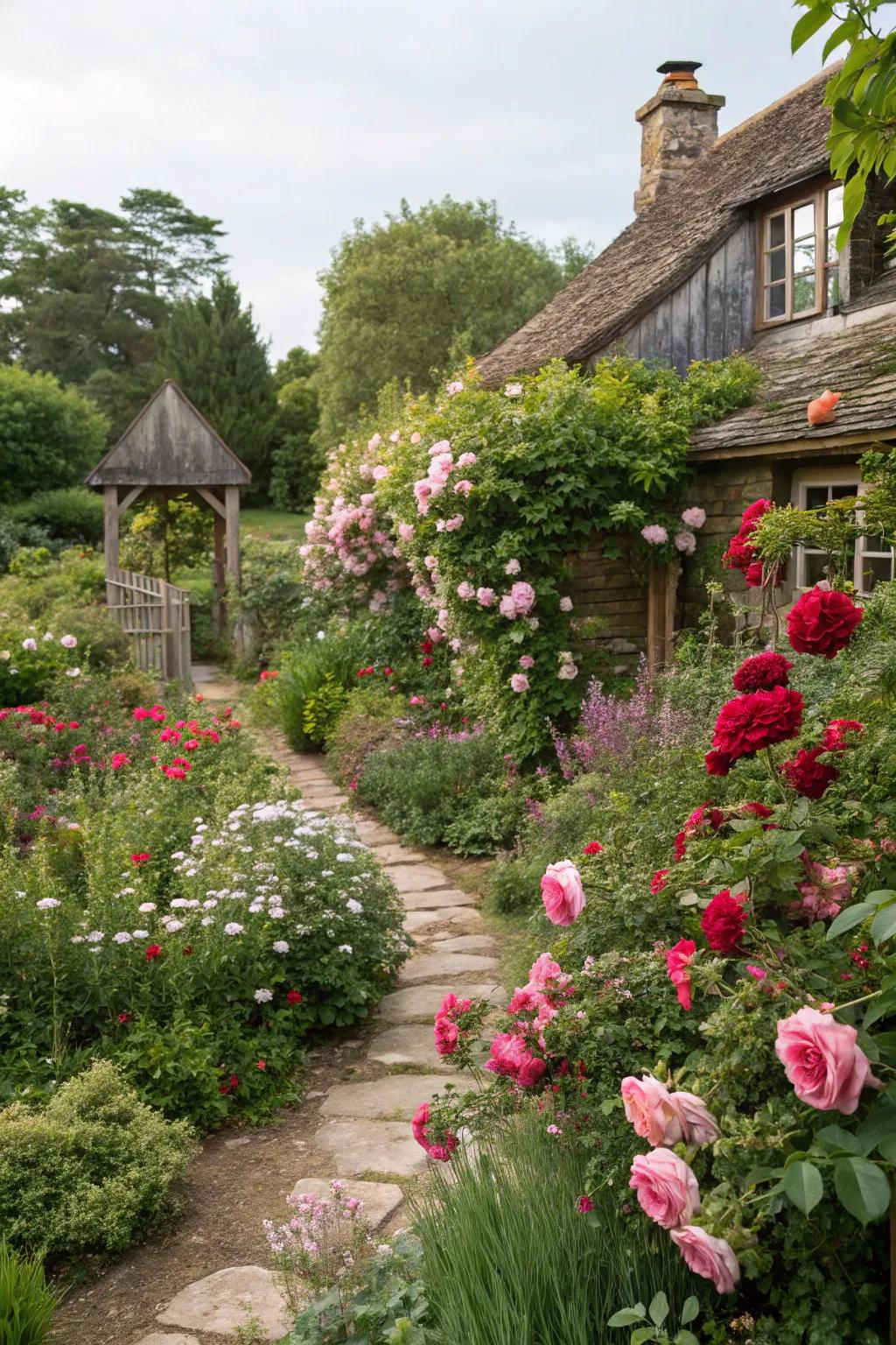 Everbloom roses bring charm to cottage gardens.
