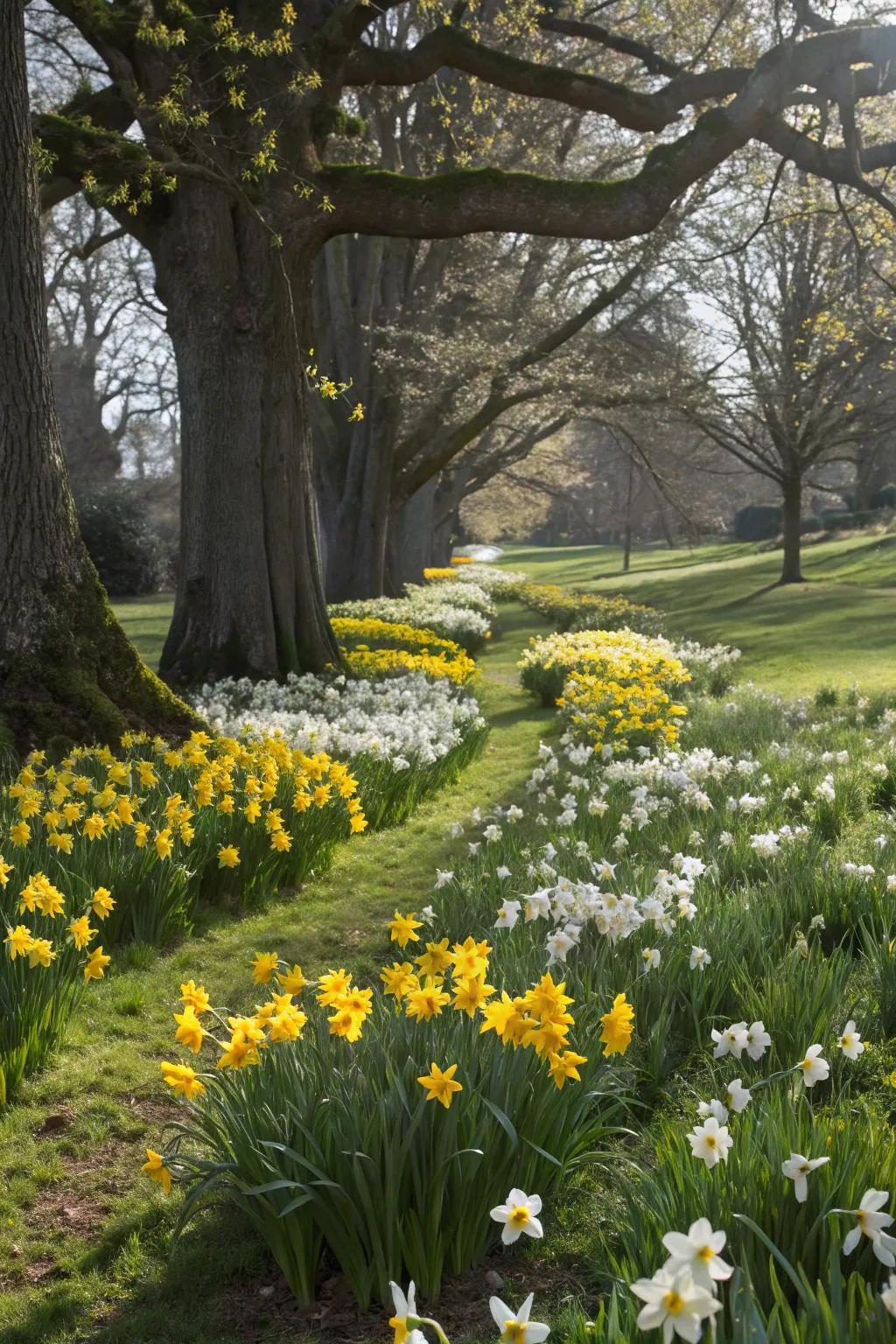 A vibrant rug of daffodils blossoming beneath the umbrage of trees.