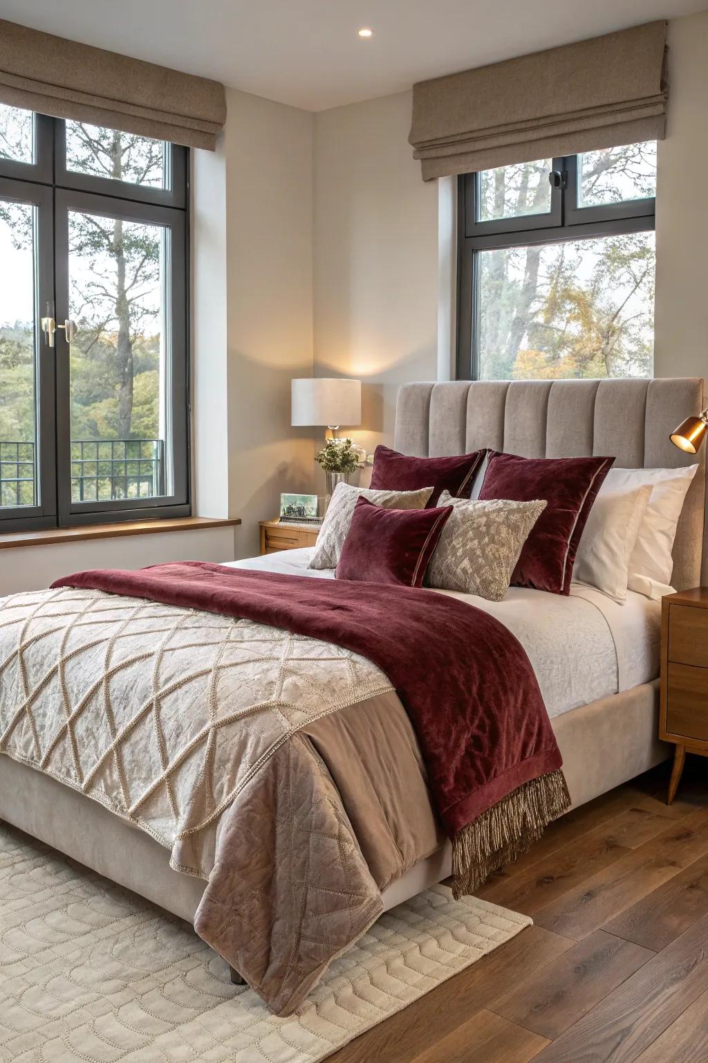 Textured bedding enhances depth and comfort in this lavish, expansive bedroom.