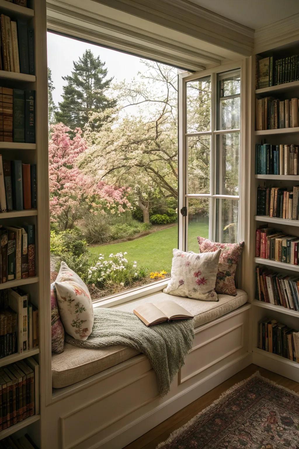 A window seat framed by bookshelves presents a snug location for relaxation and literary exploration.