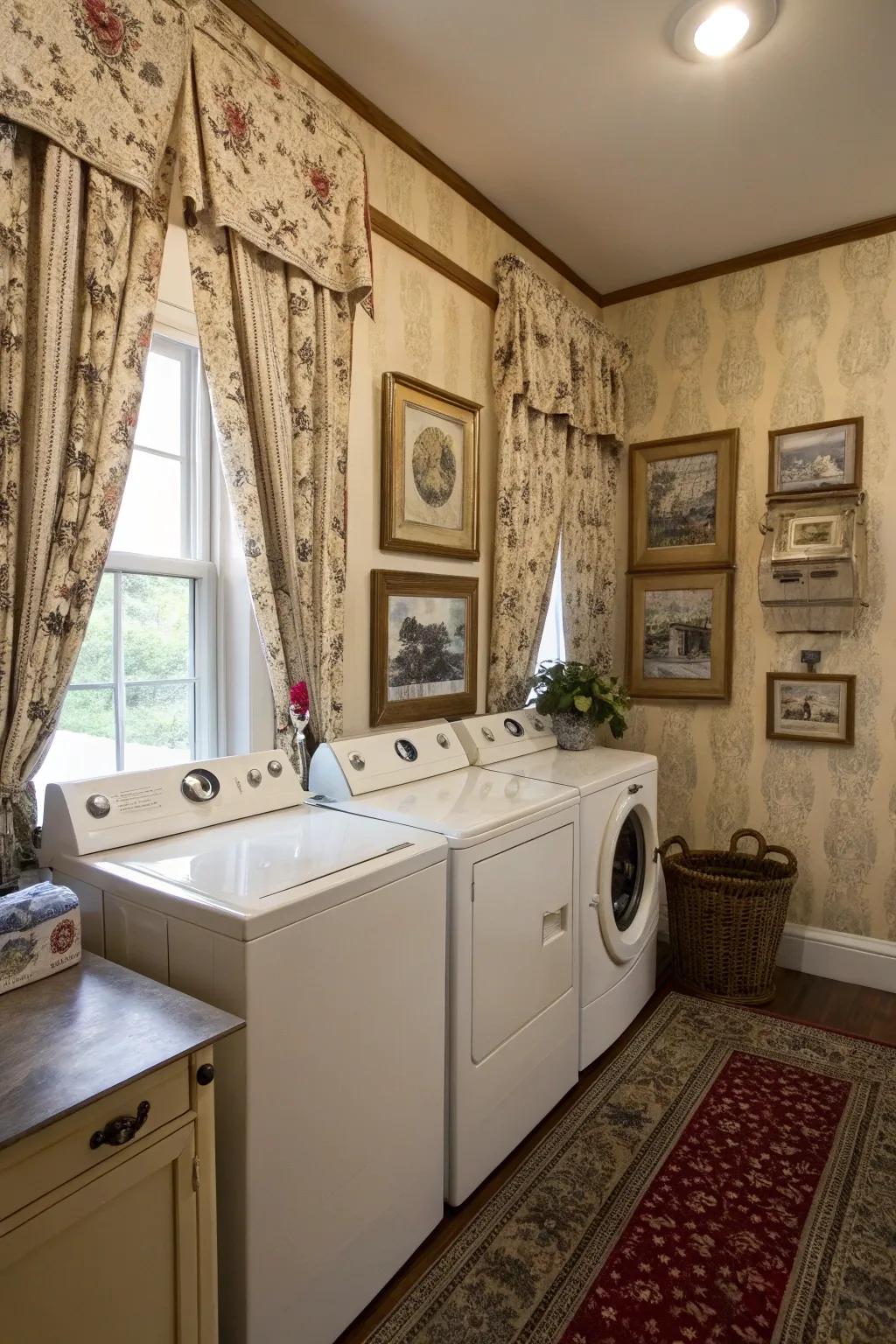 Vintage-style drapes can add a touch of timeless charm to your laundry space.
