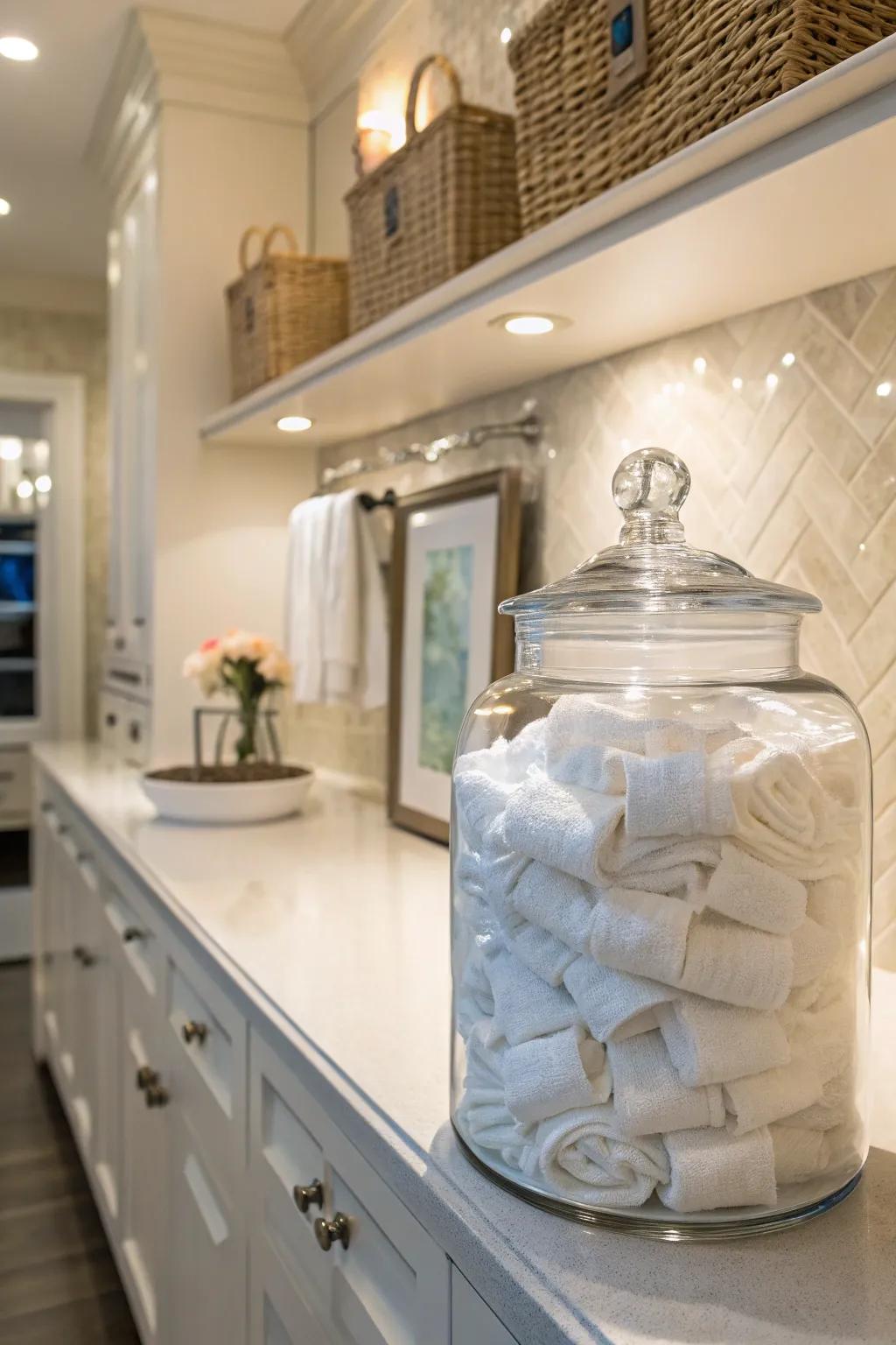 A vast jar sophisticatedly stashes dryer sheets within reach.