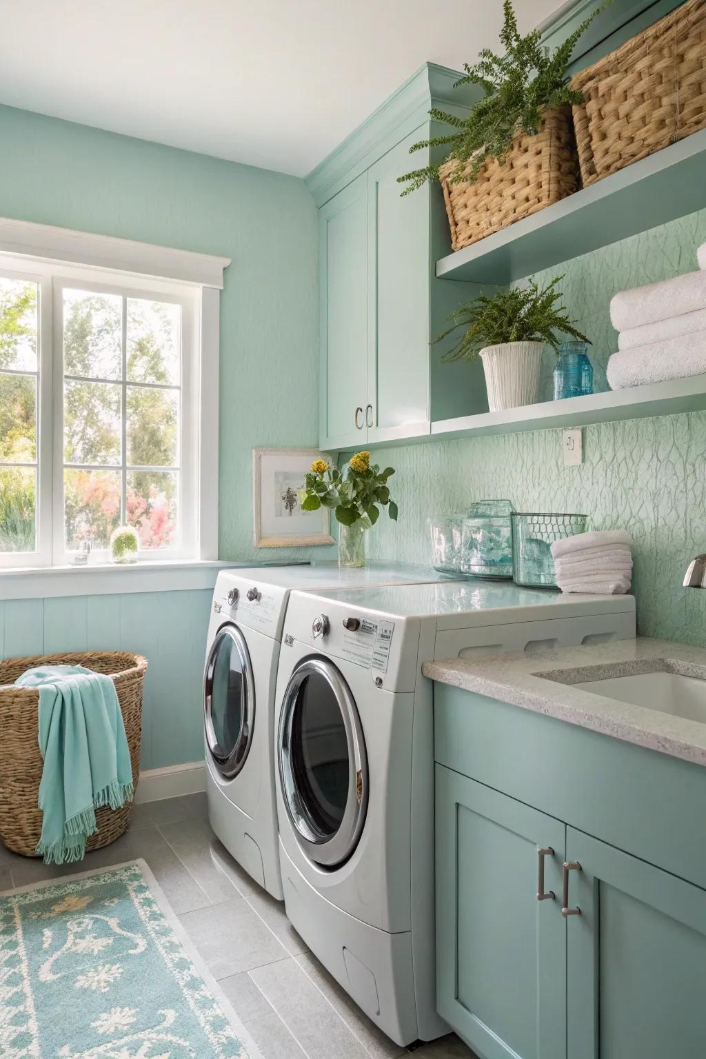 A cohesive color scheme can make your laundry space calm and inviting.