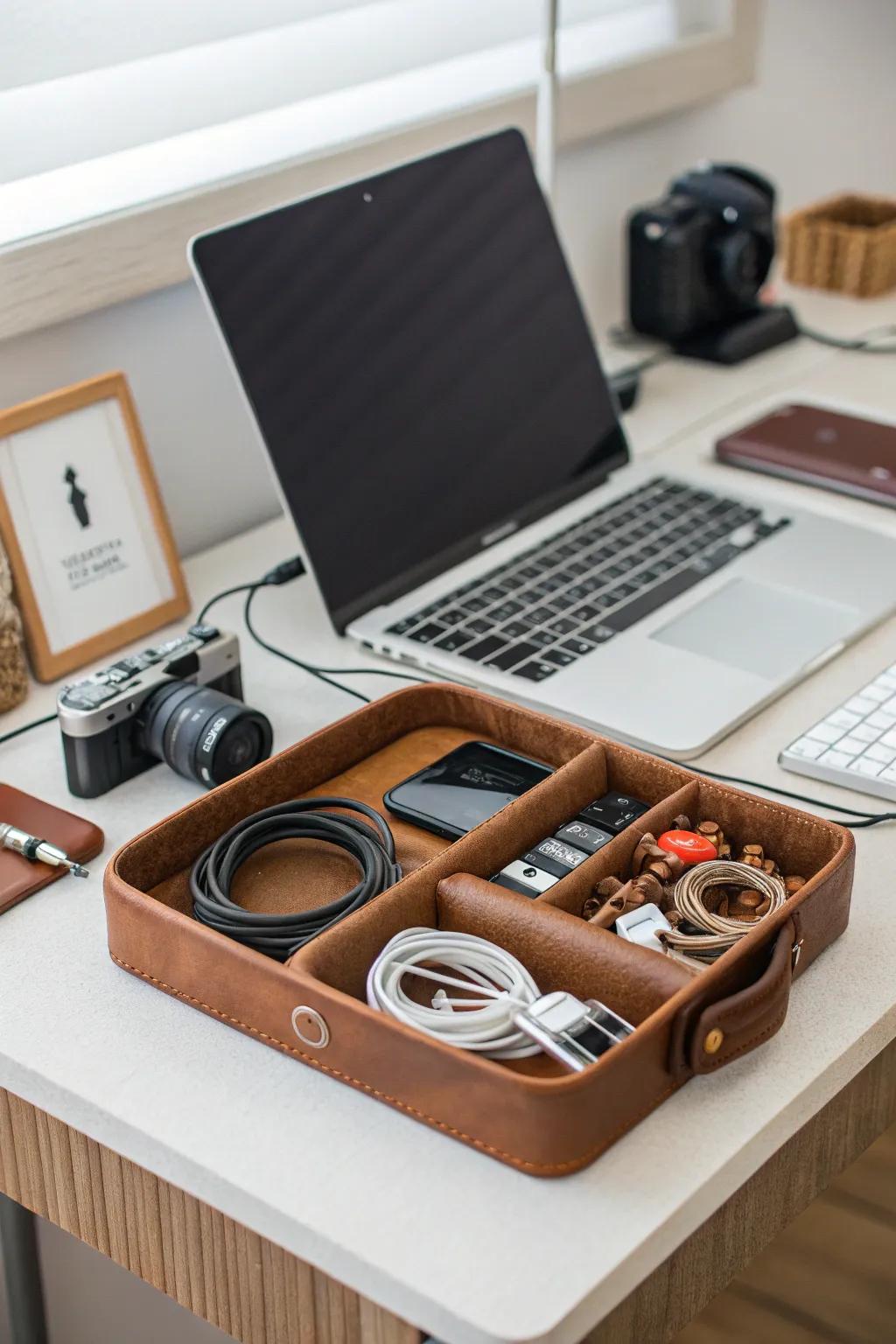 Maintain the neatness of cords via stylish leather organizers.