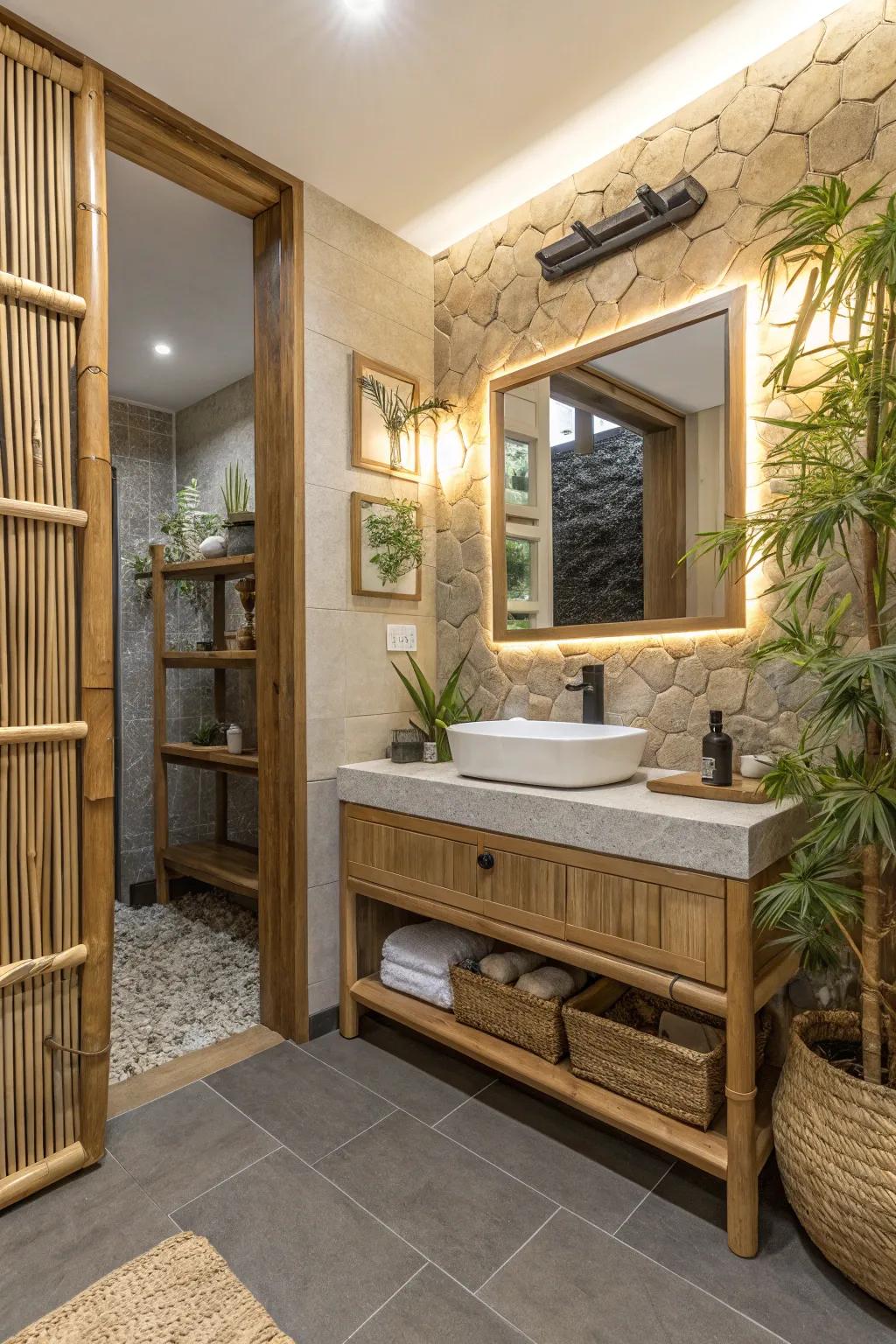 An eco-conscious bathroom with a bamboo-framed LED mirror.