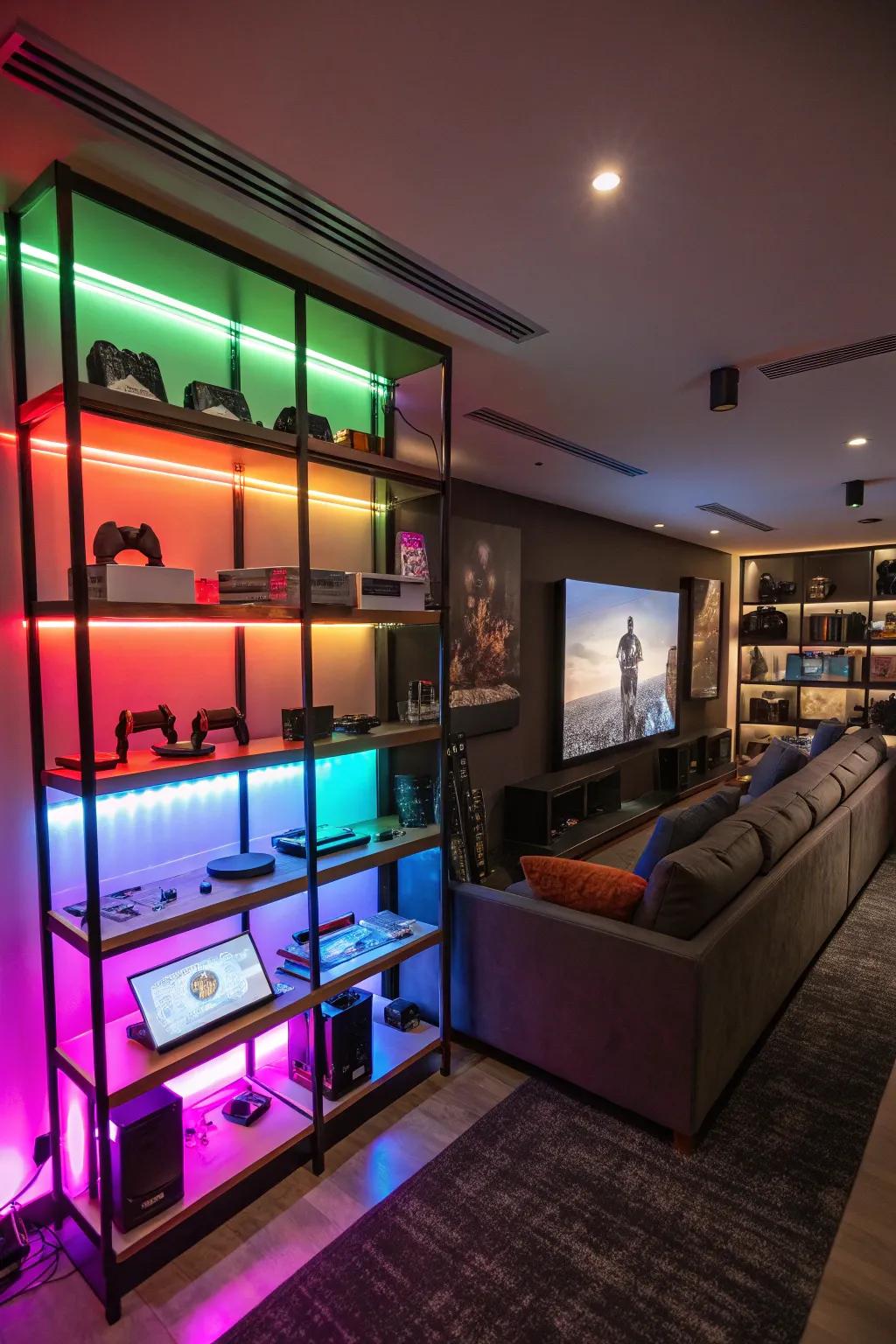 Enable collectibles to shimmer through LED shelving.