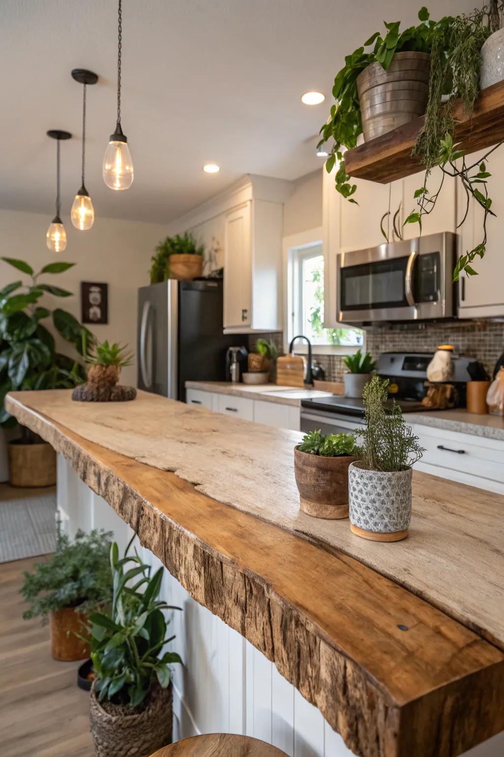 An eco-thoughtful kitchen featuring a sustainably sourced live edge countertop.