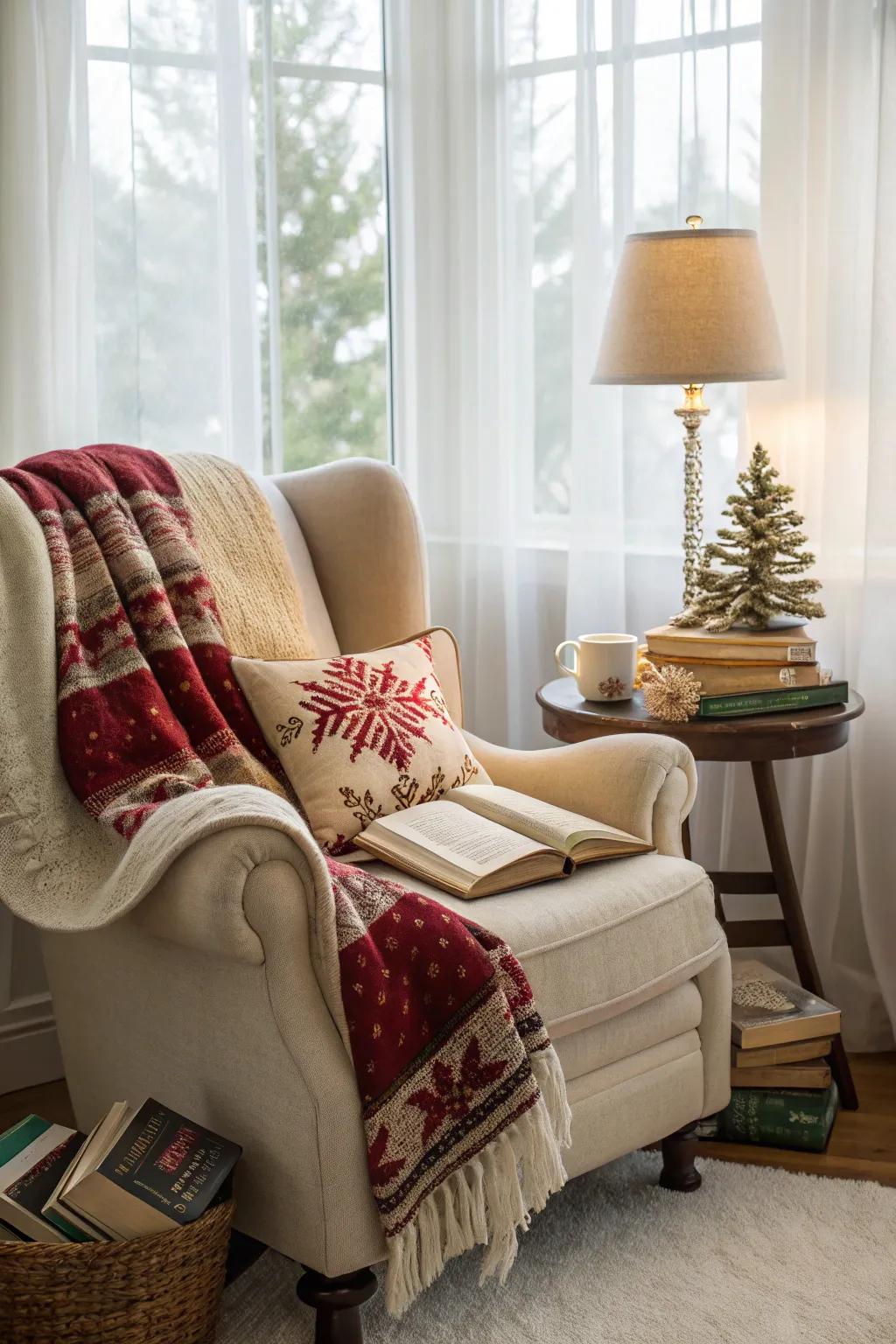 A cozy reading nook offers a peaceful retreat during the holiday hustle.