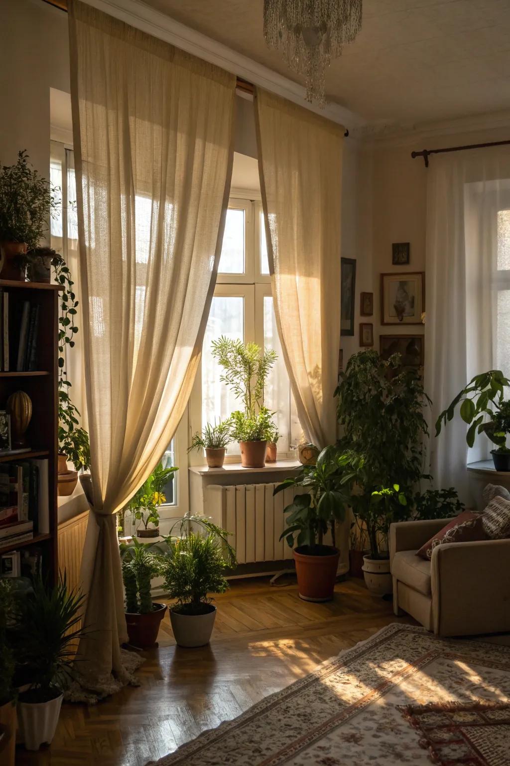 Amalgamate window coverings with verdure for a revitalizing and innate living space aura.
