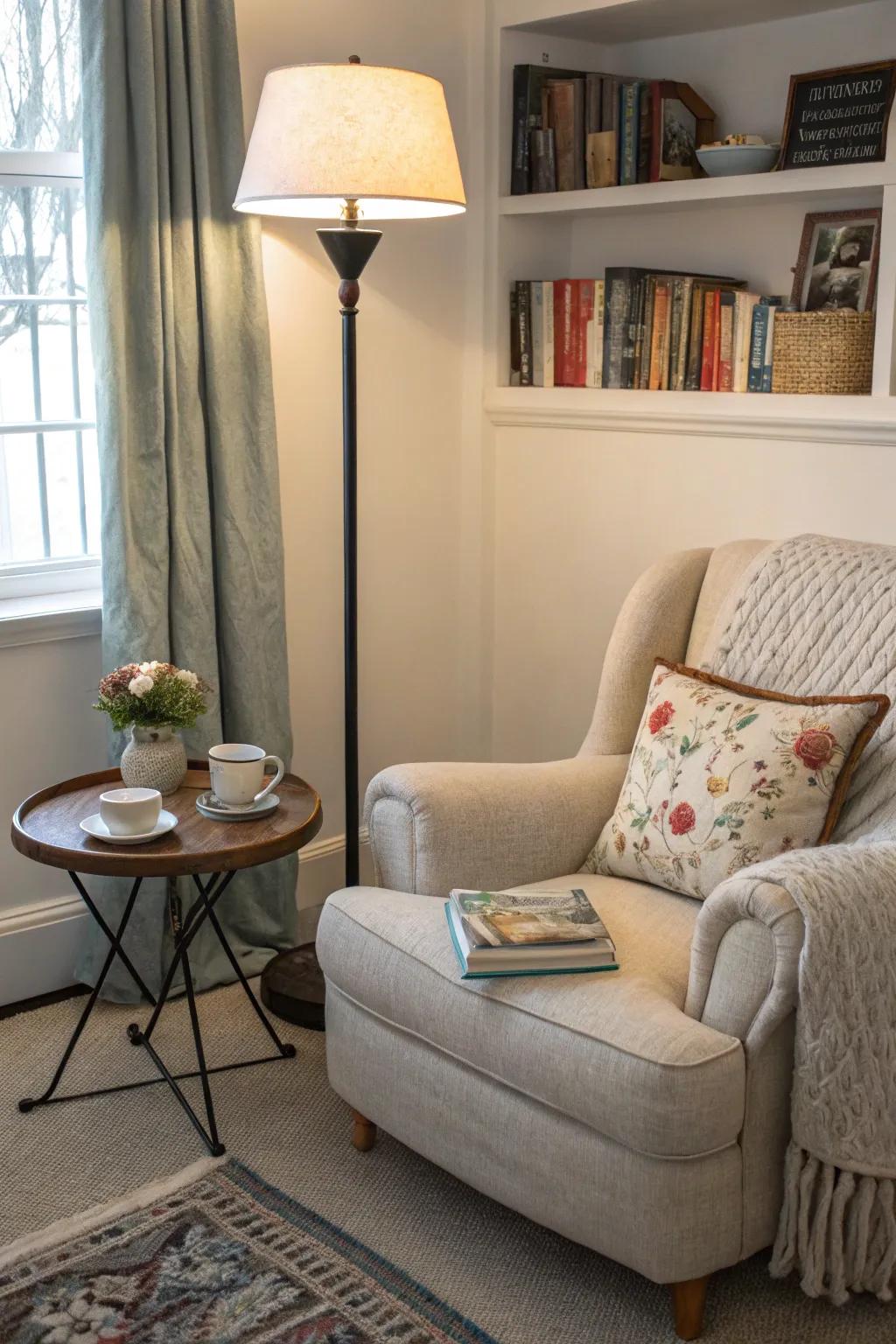A cozy corner in a family room illuminated by a floor lamp.