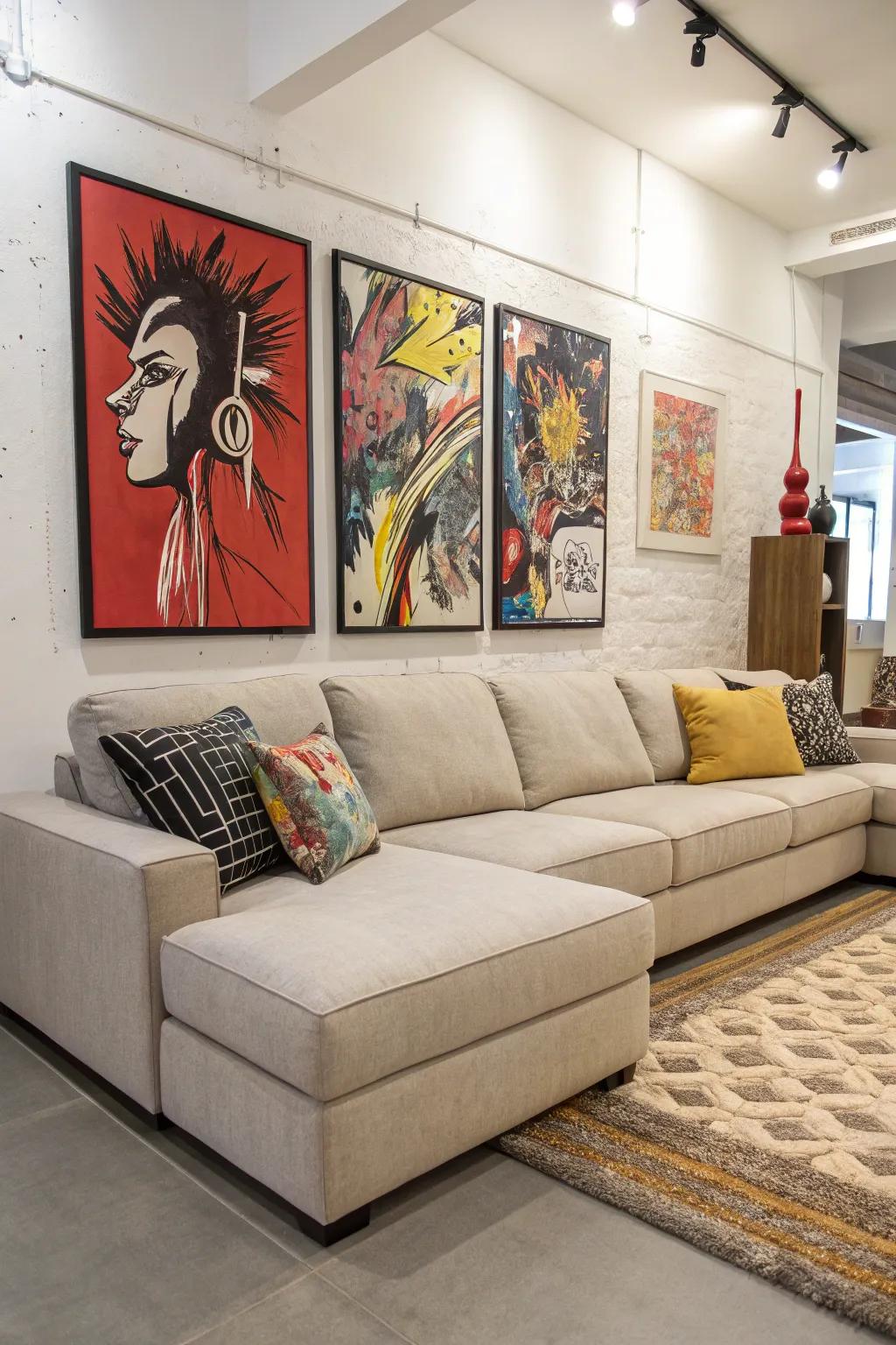 A statement wall enhances the visual impact of a sectional.