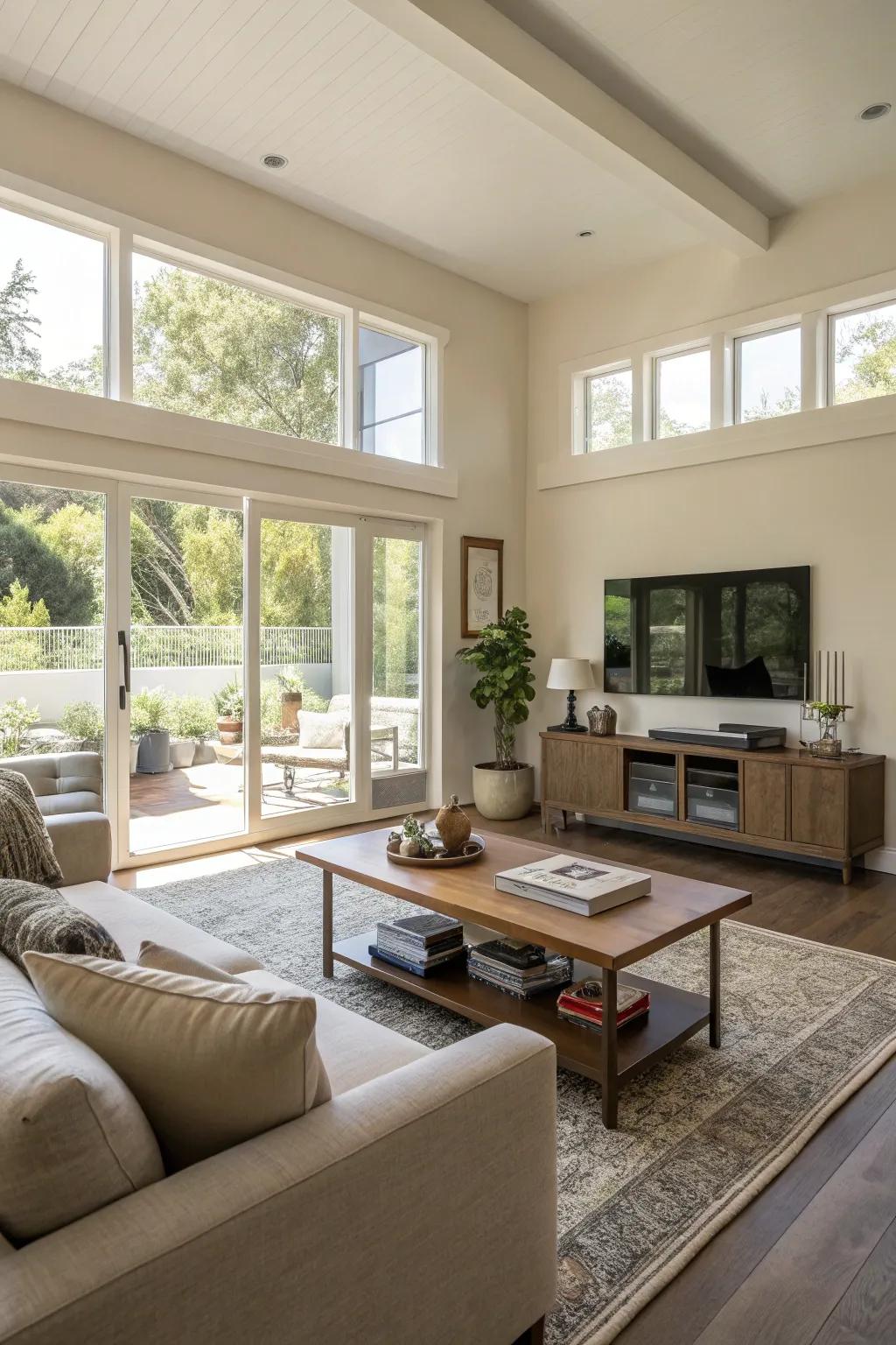 A spacious and organized family room that feels airy and uncluttered.
