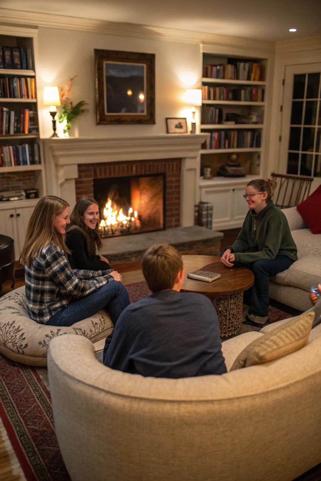 A conversational band furnishing design that surrounds the hearth.