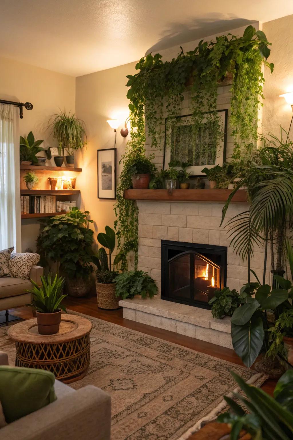 A revitalized living room enhanced with vibrant botanical arrangements surrounding the fireplace.