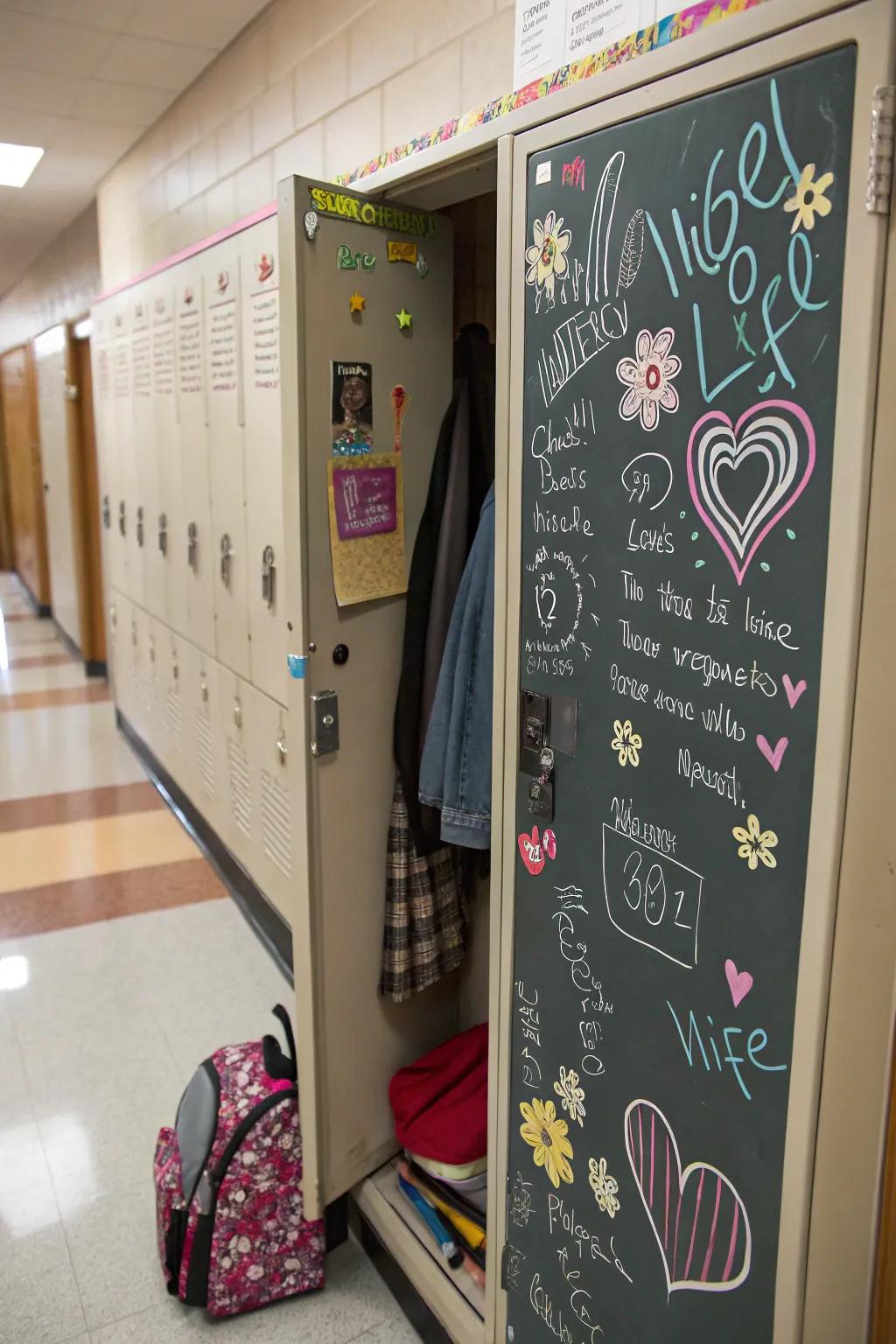 A locker featuring a slate for creative notes and sketches.