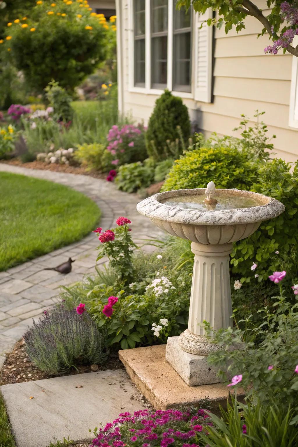 An accent piece birdbath provides allure to the garden.