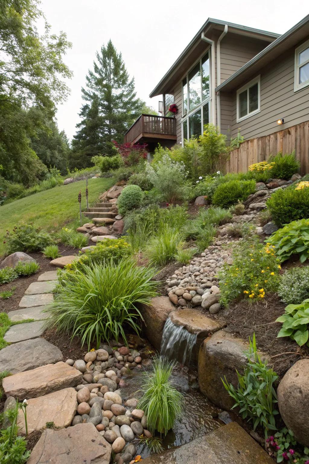 Water-catching gardens combine beauty with environmental benefits on sloping landscapes.