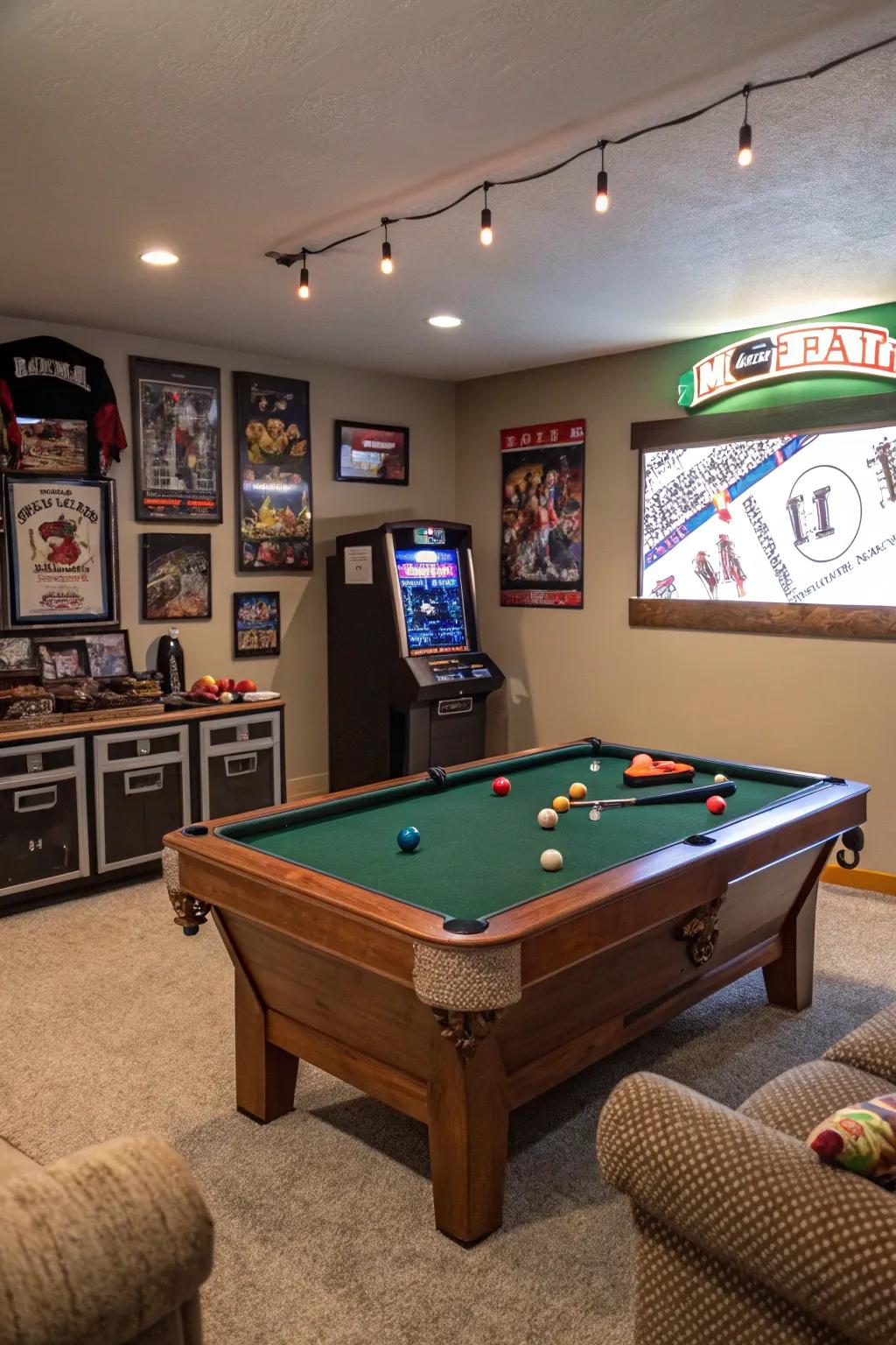 A collection of games and recreational amenities makes this man cave a vibrant hub.