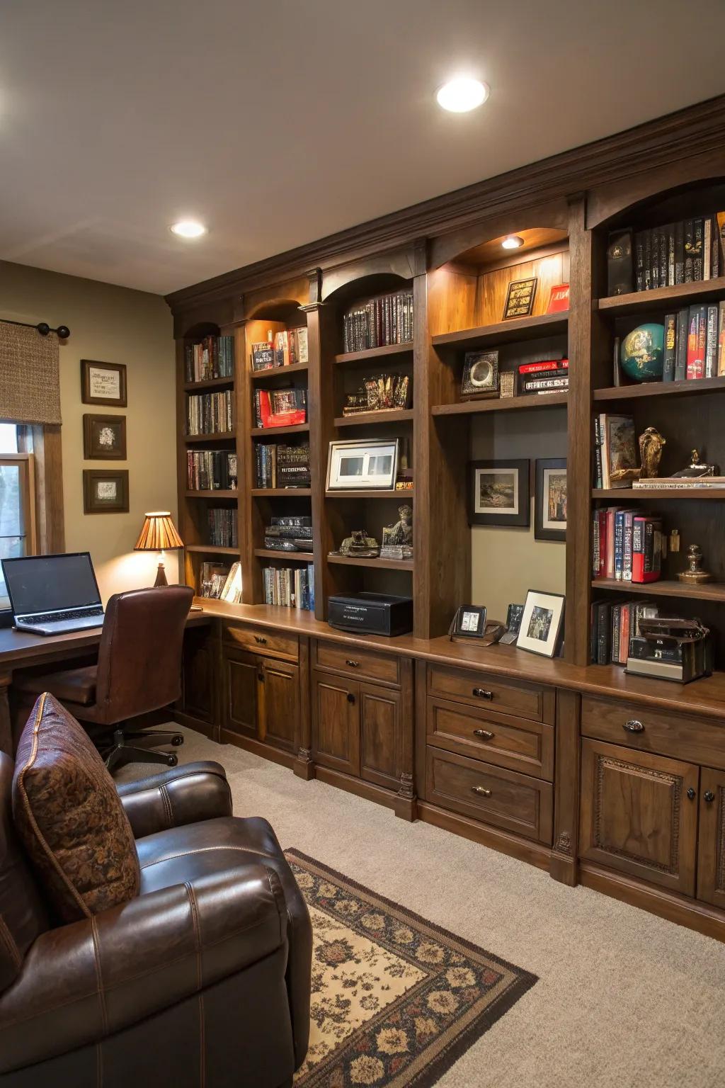 Clever shelving maintains the workspace organized and fashionable.