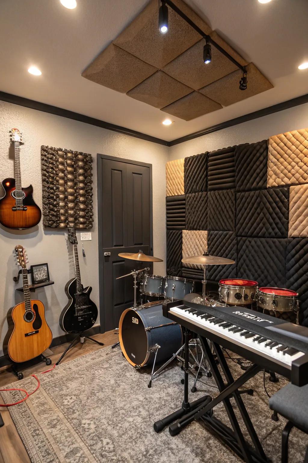 A soundproof musical zone furnished with acoustic panels and instruments.
