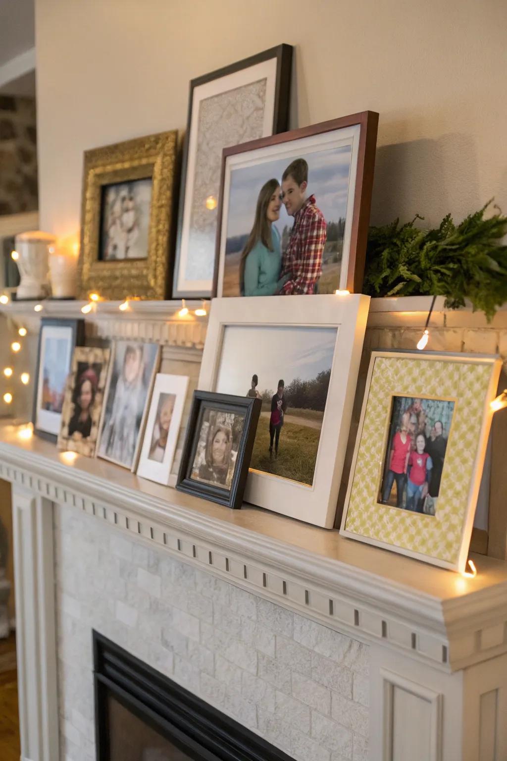 Family photos add a personal and heartwarming touch to the mantel.