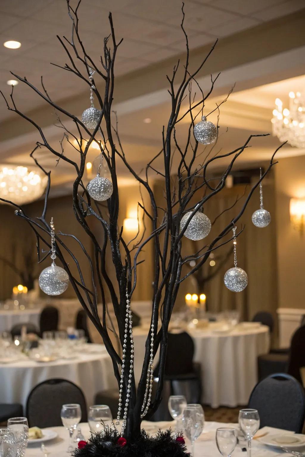Refined dress code table decoration featuring black and silver.
