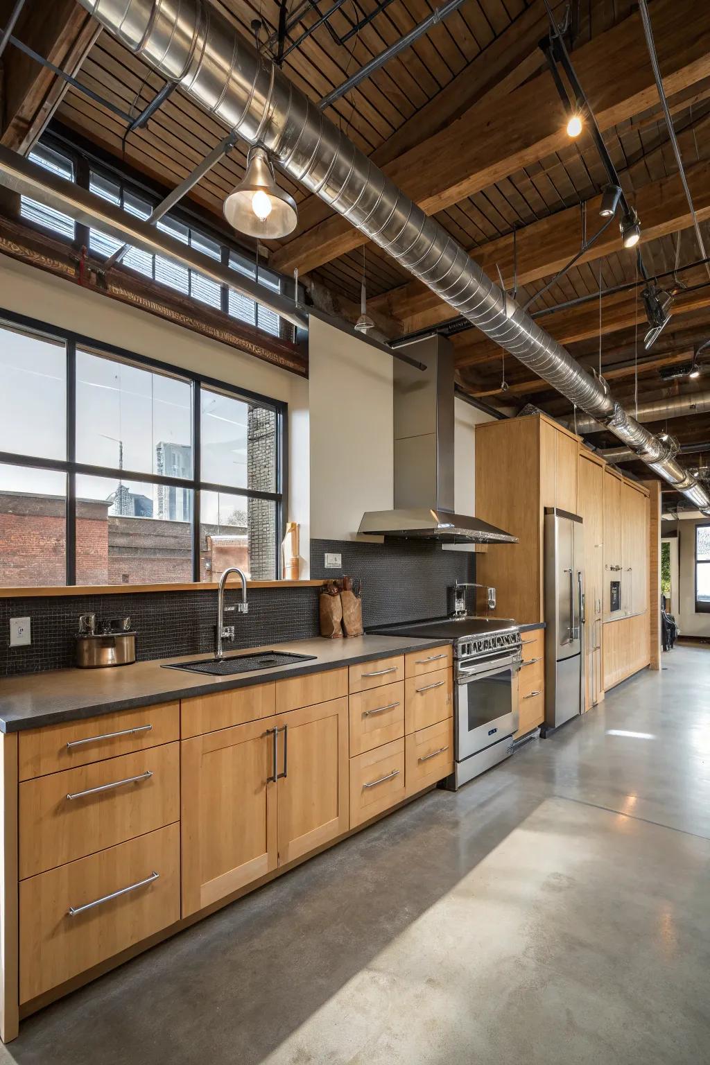 An industrial-style culinary space featuring lightwood units for a contemporary twist.