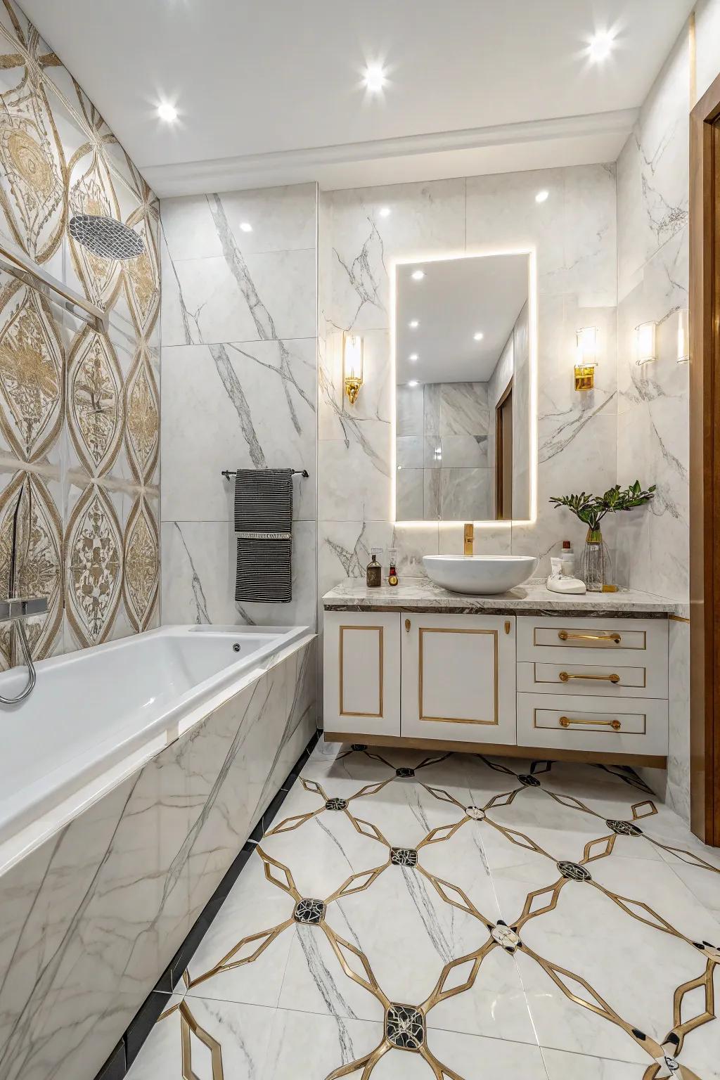 A dynamic bathroom design showcasing a blend of radiant and matte limestone-effect tiles.