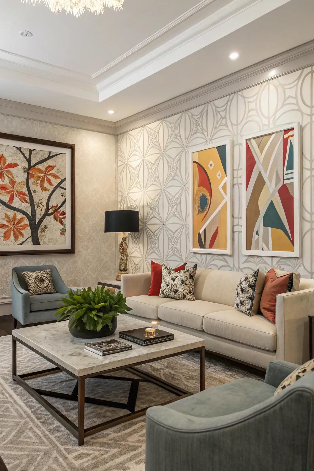 Conceptual wallcovering provides a vibrant aesthetic.