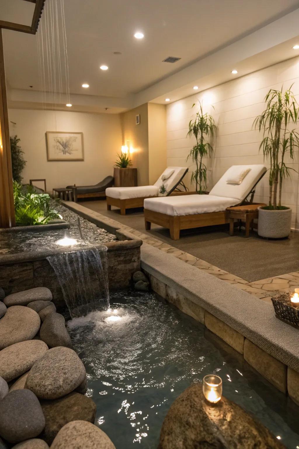A water feature elevates the room's soothing atmosphere.