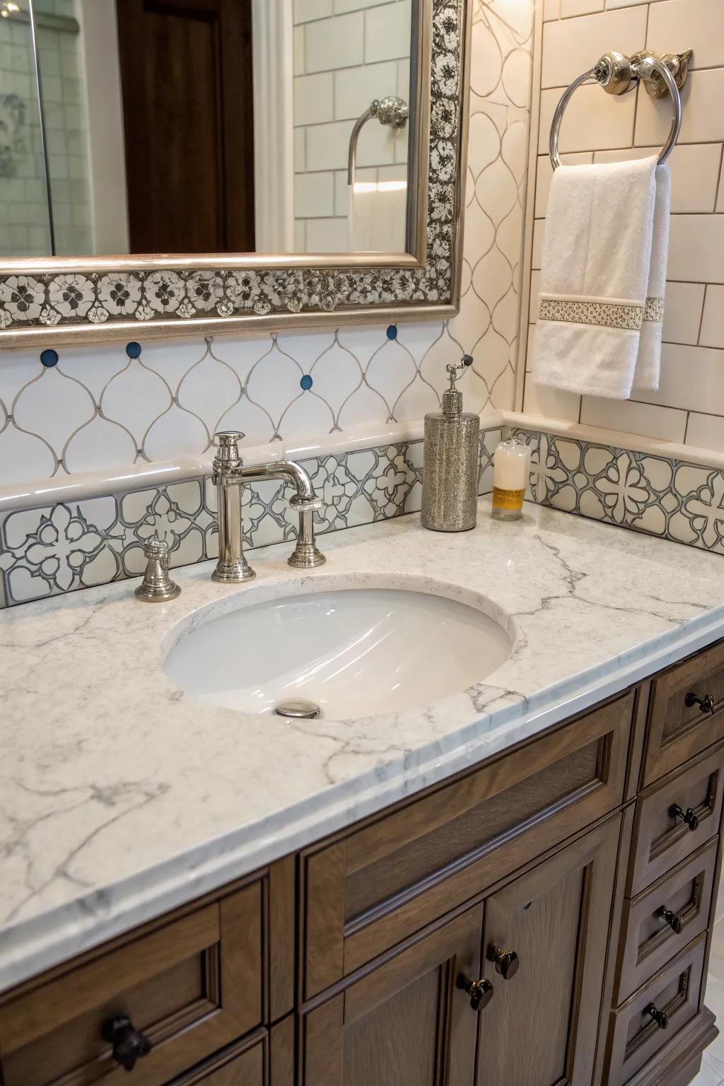 A restroom vanity showcasing a marble countertop and tile backsplash.