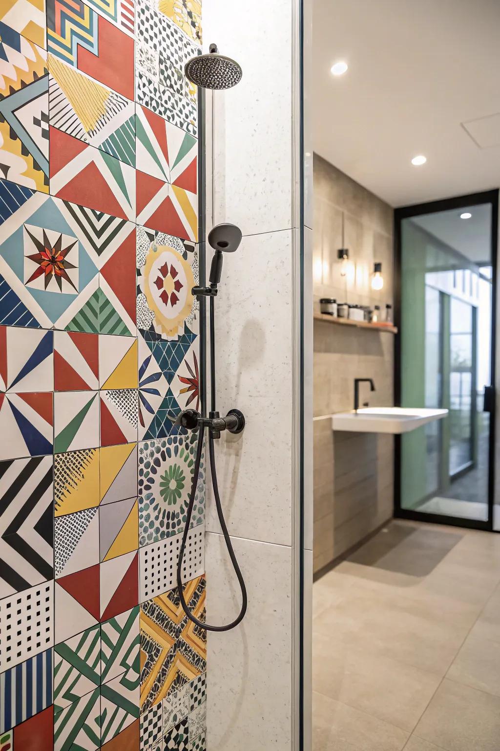 A shower stall exhibiting audacious geometric patterned pavers for a contemporary visage.