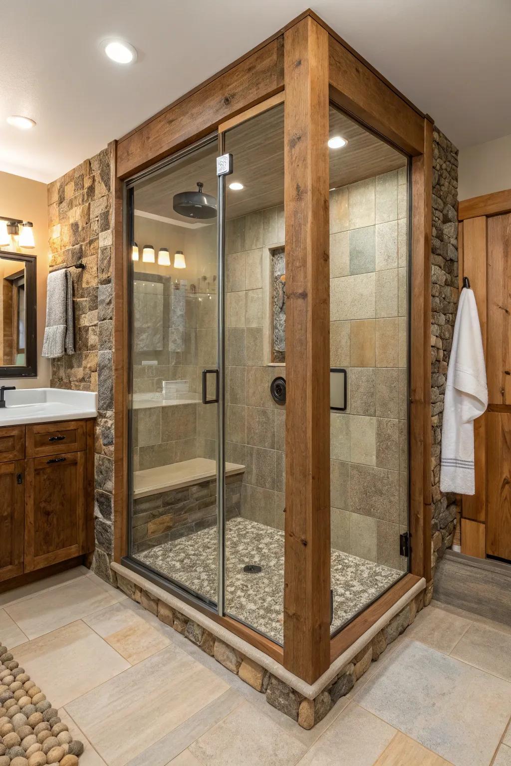 A medley of materials fosters a harmonious and welcoming shower atmosphere.