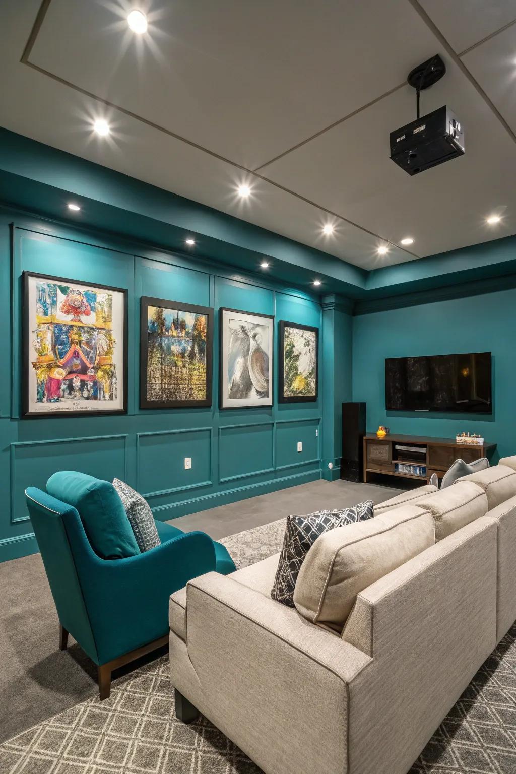 A calming media room featuring sea green walls, delivering a distinctive take on relaxation.