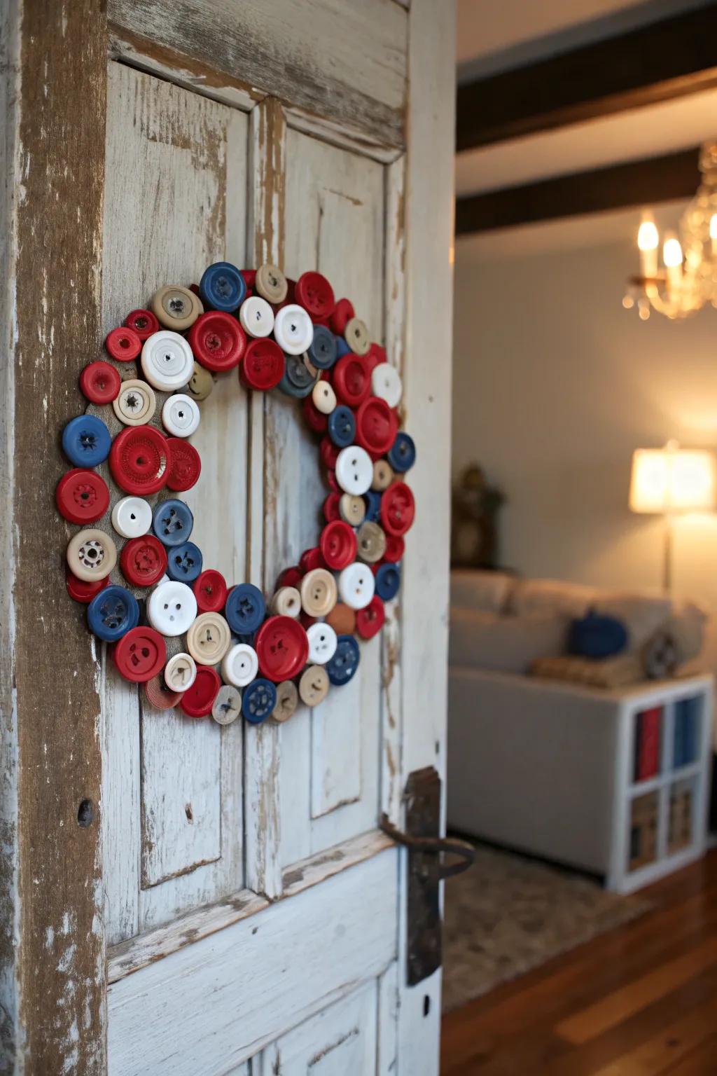 A textured wreath skillfully fashioned from repurposed buttons.