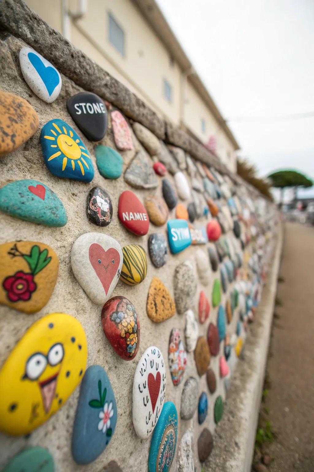 Hand-painted pebbles narrating sagas on a garden memorial wall.