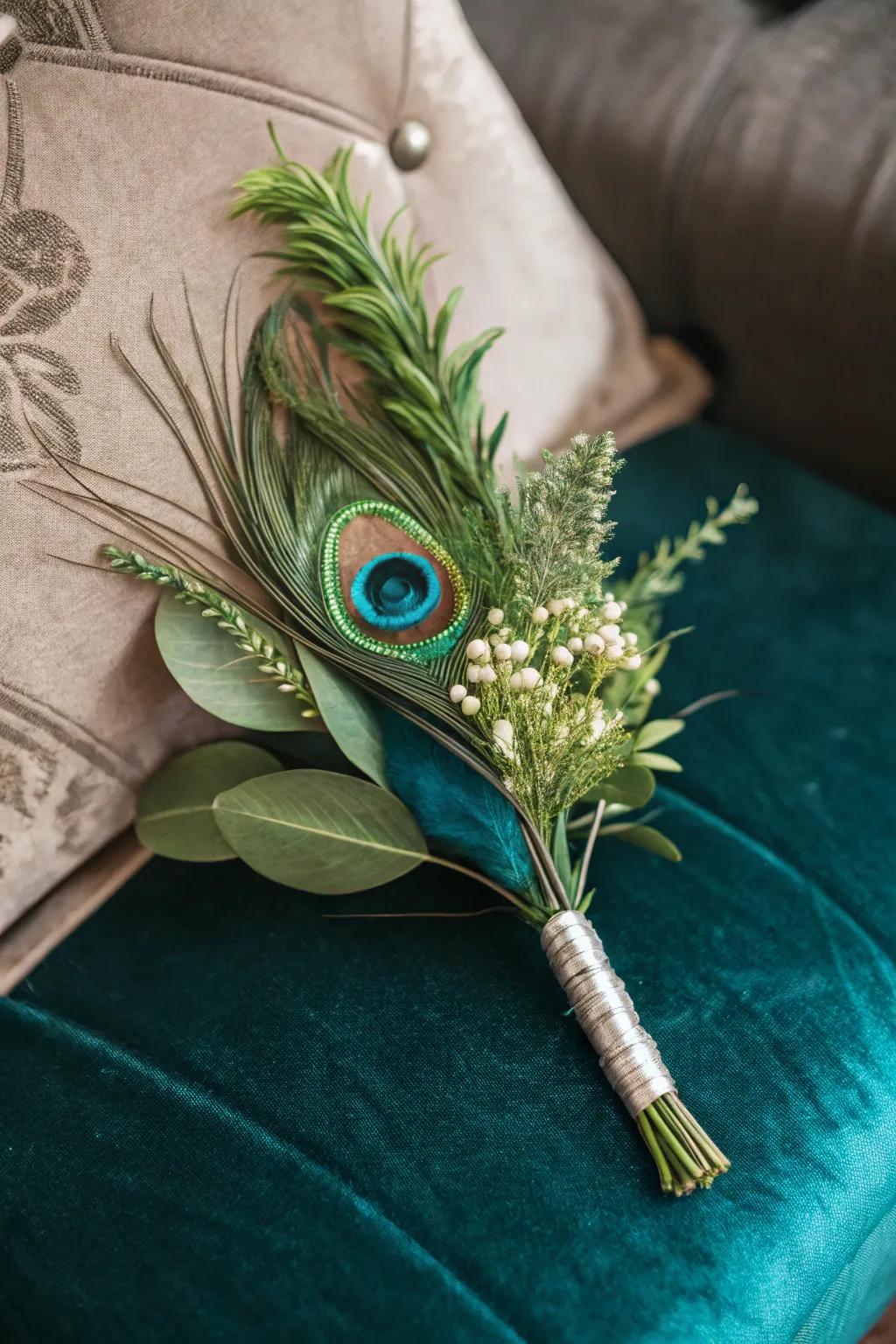 A peacock feather boutonniere introduces a singular accent.