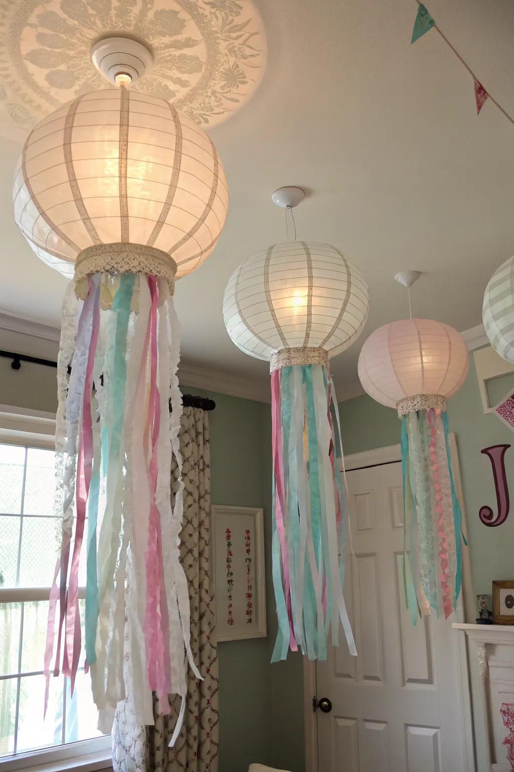 Jellyfish lanterns add a playful touch to the ceiling.